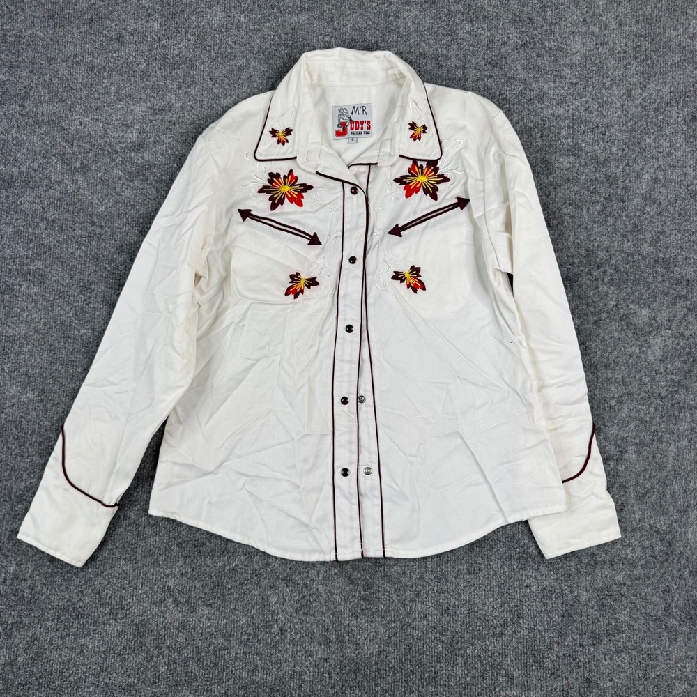 Mr Judy's Western Shirt Womens Size L White Floral Embroidered Snap Button Top